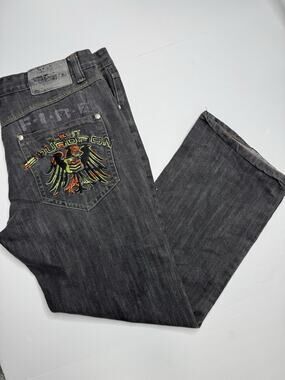 Delf Original Denim Jeans Mens 40x32 Black Baggy Embroidered Y2K Hip Hop Skater
